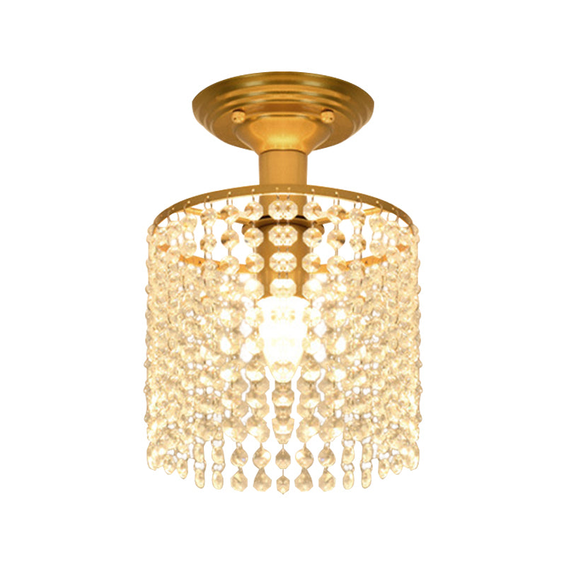 Cylindrical Crystal Strand Semi Flush Lamp Simple 1-Light Gold Finish Close to Ceiling Lighting Clearhalo 'Ceiling Lights' 'Close To Ceiling Lights' 'Close to ceiling' 'Semi-flushmount' Lighting' 1047351
