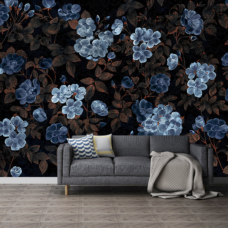 Bleu et noir fleur murale papier peint chambre décorative murale décorative,  taille personnalisée disponible - Clearhalo