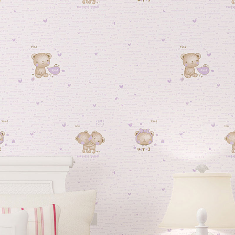 Soft Color Minimalist Wallpaper Cartoon Bear Wall Covering for Kid's Bedroom, 31' by 20.5" Light Purple Clearhalo 'Wall Decor' 'Wallpaper' 1049720