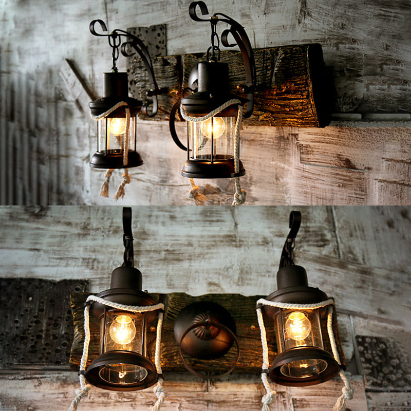 Black 2-Light Sconce Light Industrial Clear Glass Kerosene Lighting Fixture for Bedroom Clearhalo 'Industrial wall lights' 'Industrial' 'Middle century wall lights' 'Tiffany' 'Wall Lamps & Sconces' 'Wall Lights' Lighting' 105561