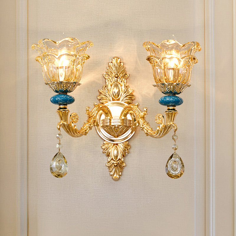 2-Layer Flower Crystal Wall Lamp Kit Traditional 1/2-Bulb Bedside Wall Mount Lighting in Gold 2.0 Gold Clearhalo 'Wall Lamps & Sconces' 'Wall Lights' Lighting' 1125383