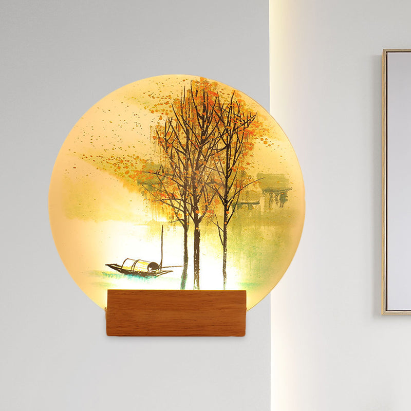 Goldfish/Boat Bedside Mural Lamp Acrylic Asian LED Disc Wall Light Sconce with Wooden Arm Wood Boat Clearhalo 'Wall Lamps & Sconces' 'Wall Lights' Lighting' 1126160