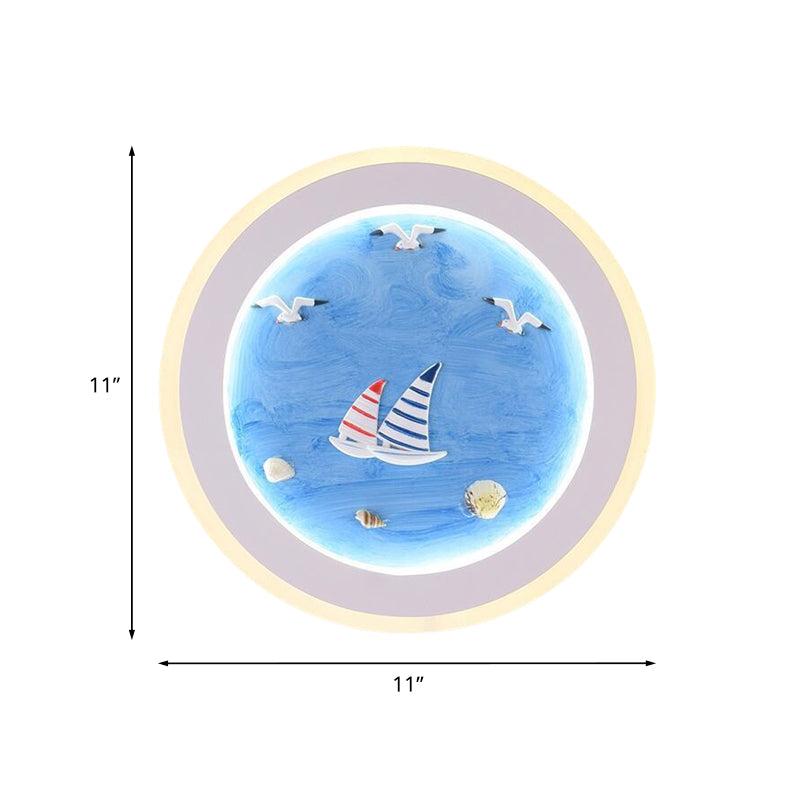 Nautical Striped Sailing Ship Mural Light Acrylic Kids Room LED Round Wall Lamp in Blue Clearhalo 'Cast Iron' 'Glass' 'Industrial' 'Modern wall lights' 'Modern' 'Tiffany' 'Traditional wall lights' 'Wall Lamps & Sconces' 'Wall Lights' Lighting' 1126467