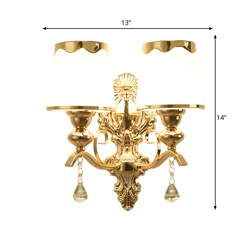 2-Light Wall Light Fixture with Barrel Shade Opal Glass Post Modern Bedroom Wall Lamp in Gold Clearhalo 'Modern wall lights' 'Modern' 'Wall Lamps & Sconces' 'Wall Lights' Lighting' 1136300