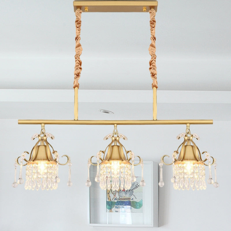 Gold Cylinder Island Pendant Light Postmodern 3 Heads Crystal Teardrop Hanging Ceiling Lamp Clearhalo 'Ceiling Lights' 'Island Lights' Lighting' 1136306