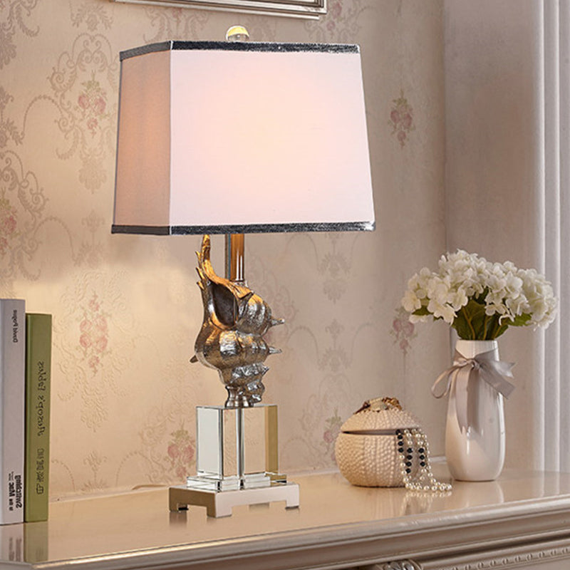 Silver/White Conch Shell Night Light Countryside Resin 1 Head Dining Table Lamp with Square Pleated Fabric Shade Clearhalo 'Lamps' 'Table Lamps' Lighting' 1136431