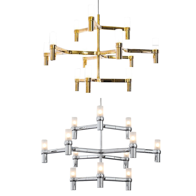 Black/White Crown Hanging Chandelier Light Modern 12 Lights Metallic Hanging Lamp with Frosted Glass Cylinder Shade Clearhalo 'Ceiling Lights' 'Chandeliers' 'Modern Chandeliers' 'Modern' Lighting' 115352
