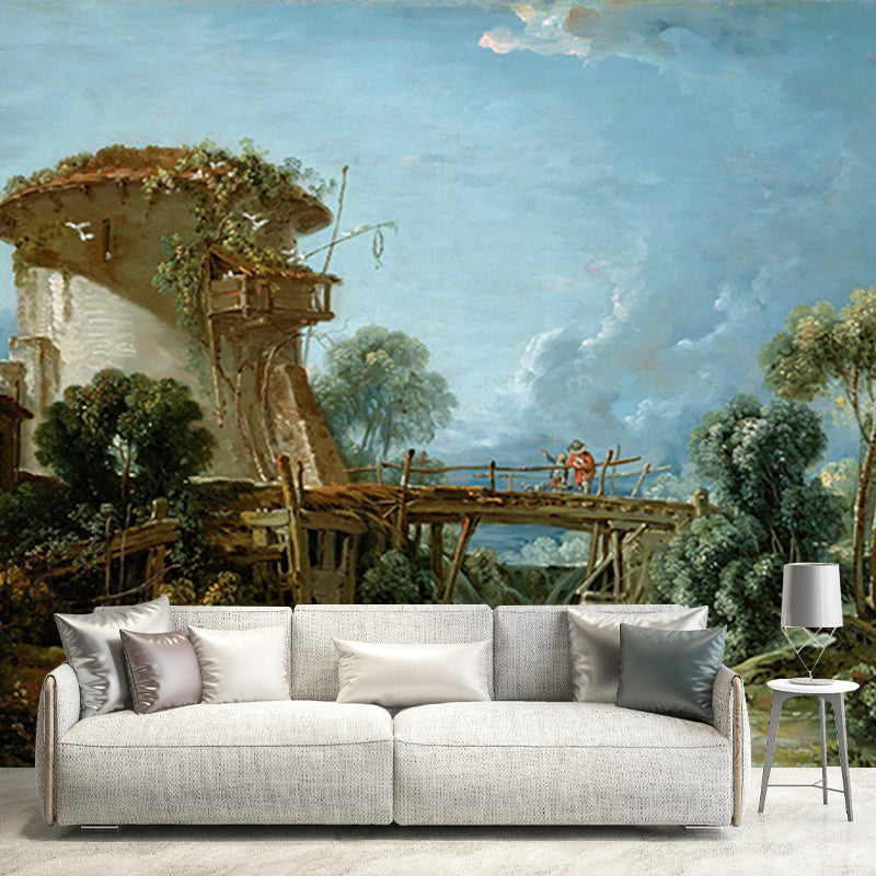 Vintage Art Old Bridge Murals Blue-Green Stain Resistant Wall Covering for Bedroom Clearhalo 'Wall Decor' 'Wall Mural' 1171024