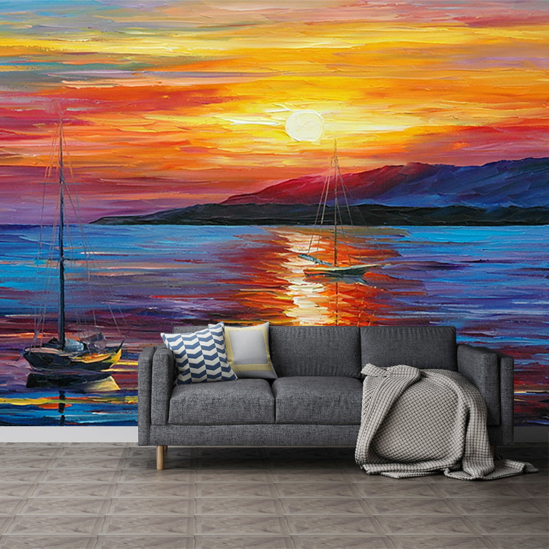 Orange-Blue Classic Wall Murals Large Leonid Afremov Sunset Oil Painting Wall Decor Orange-Blue Clearhalo 'Wall Decor' 'Wall Mural' 1171272