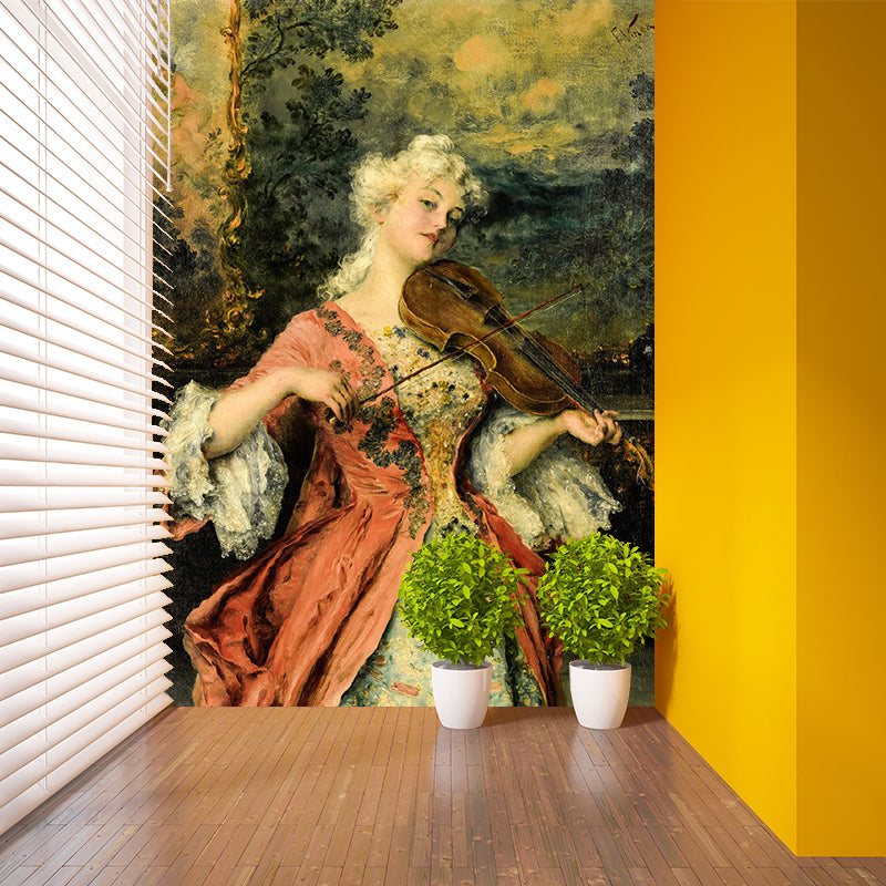 バイオリンを弾く女性の壁画レッドブラウンビクトリア朝スタイルの家の