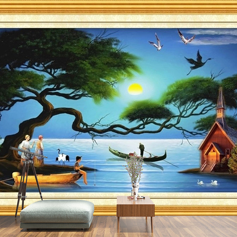 Tropica Night Fishing Mural Wallpaper Blue and Green Stain Resistant Wall  Art for Bedroom - Clearhalo