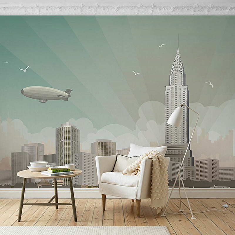 Modern Future City Wall Murals Light-Green Living Room Wall Decoration, Custom Print Clearhalo 'Wall Decor' 'Wall Mural' 1172776