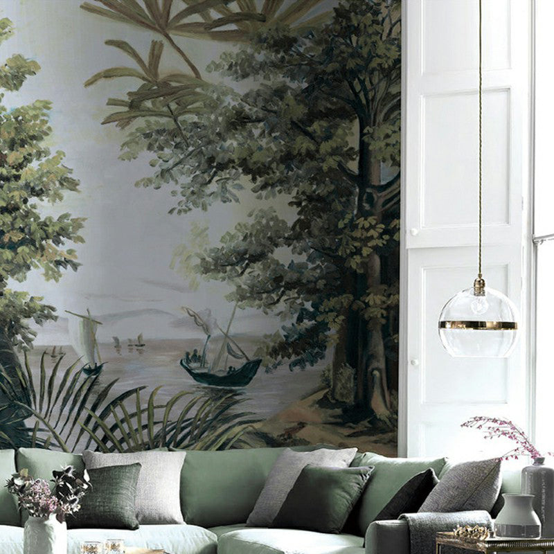 Plants Mural Wallpaper Pastel Color Tropix Wall Art for Living Room Decoration, Large Green Clearhalo 'Wall Decor' 'Wall Mural' 1173060