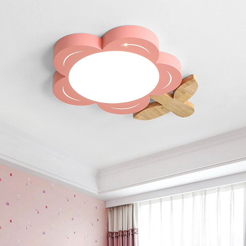 Kids Floral Ceiling Lighting Acrylic LED Nursery Flush Mount Light Fixture in Red with Wood Decor Clearhalo 'Ceiling Lights' 'Close To Ceiling Lights' 'Close to ceiling' 'Flush mount' Lighting' 1173753
