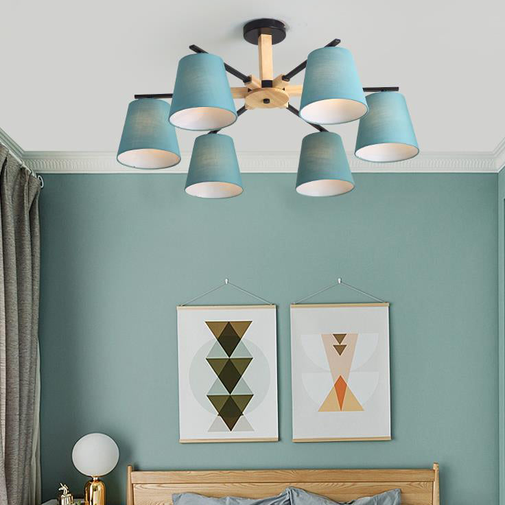 Living Room Tapered Shade Chandelier Lighting Fabric 3/6 Heads Modern Wood Ceiling Pendant Light Clearhalo 'Carpenter Chandeliers' 'Ceiling Lights' 'Chandeliers' 'Industrial' 'Modern Chandeliers' 'Modern' Lighting' 117544