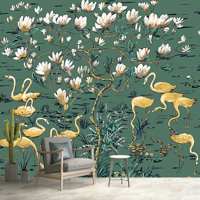 Large Tropix Wall Murals in Dark Color Flamingo and Lotus Pond Pattern Wall Covering, Optional Size Lake Green Clearhalo 'Wall Decor' 'Wall Mural' 1180897