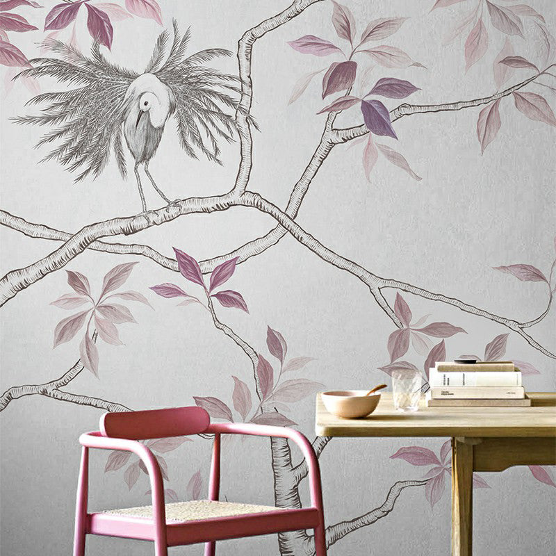 Waterproof Peacock and Tree Murals Asian Non-Woven Fabric Wall Art, Made to Measure Red Clearhalo 'Wall Decor' 'Wall Mural' 1180907