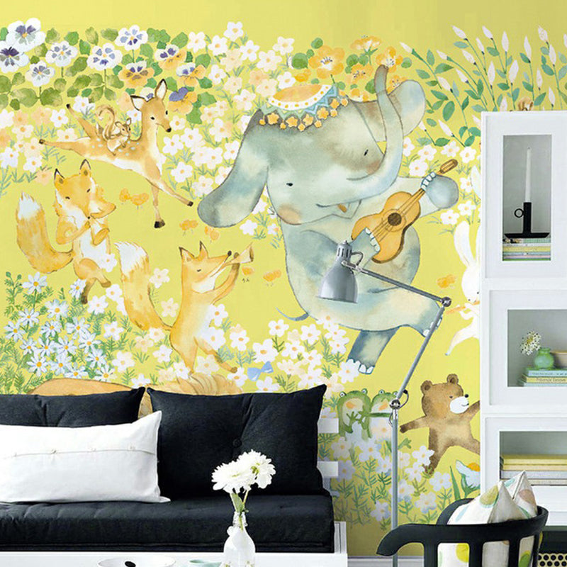 Cartoon Animal Orchestra Wall Murals Childrens Art Smooth Wall Decoration in Purple Yellow Clearhalo 'Wall Decor' 'Wall Mural' 1180947