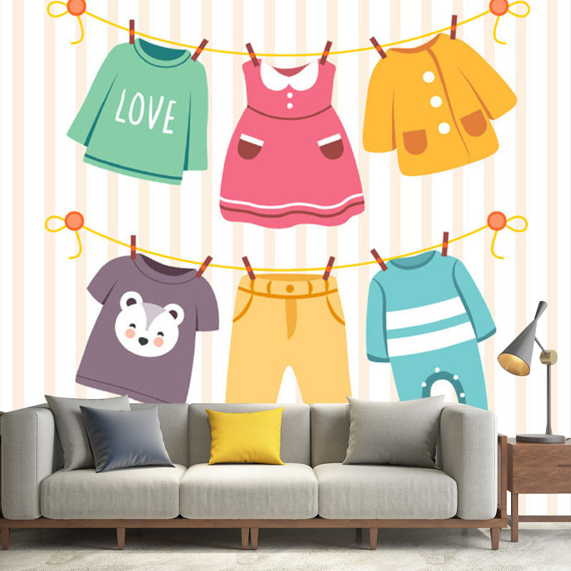 Cartoon Clothes Wall Covering Murals Non-Woven Stain Proof Blue-Yellow-Green Wall Art for Daycare Clearhalo 'Wall Decor' 'Wall Mural' 1183870