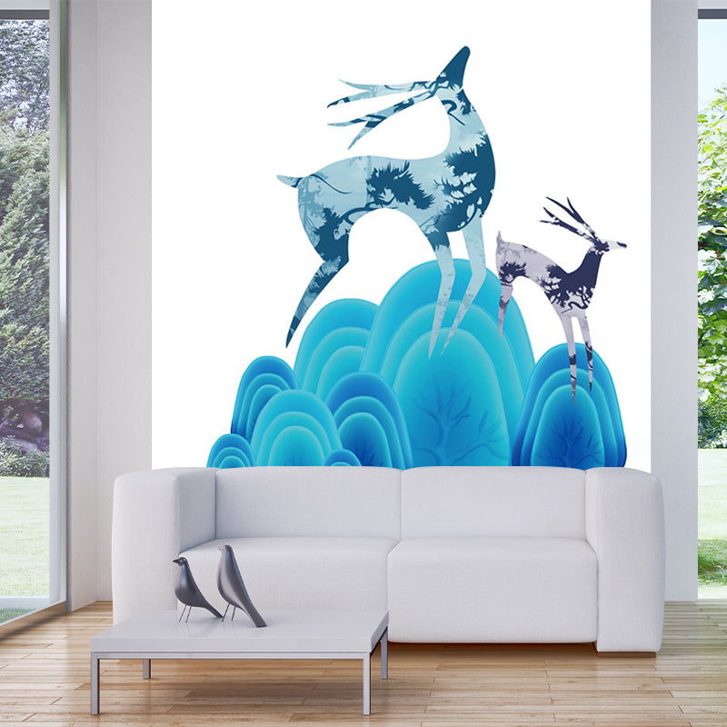 Illustration Deer and Stone Murals for Childrens Bedroom, Blue and Purple, Custom Size Available Blue-Purple A Clearhalo 'Wall Decor' 'Wall Mural' 1186319