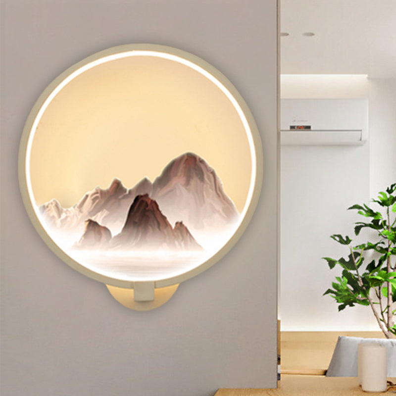 Oriental Style LED Wall Mural Lamp Metal White Circular Shaped Wall Lighting Idea with Mountain Pattern White Clearhalo 'Wall Lamps & Sconces' 'Wall Lights' Lighting' 1192785