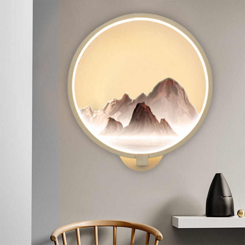 Oriental Style LED Wall Mural Lamp Metal White Circular Shaped Wall Lighting Idea with Mountain Pattern Clearhalo 'Wall Lamps & Sconces' 'Wall Lights' Lighting' 1192786