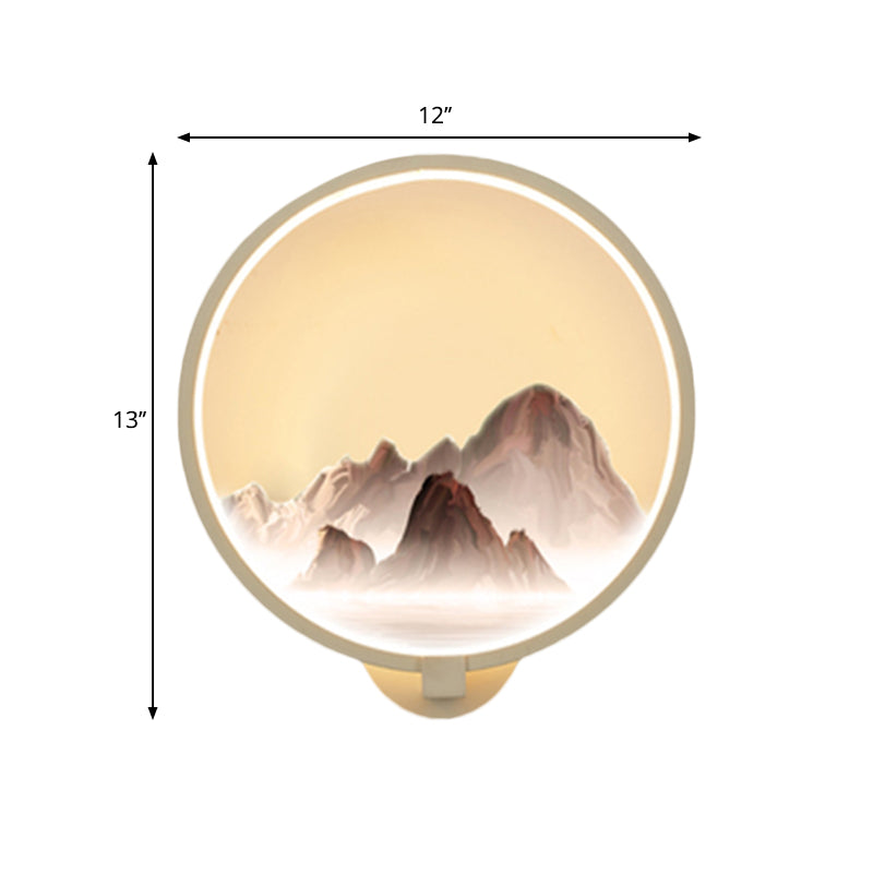 Oriental Style LED Wall Mural Lamp Metal White Circular Shaped Wall Lighting Idea with Mountain Pattern Clearhalo 'Wall Lamps & Sconces' 'Wall Lights' Lighting' 1192788