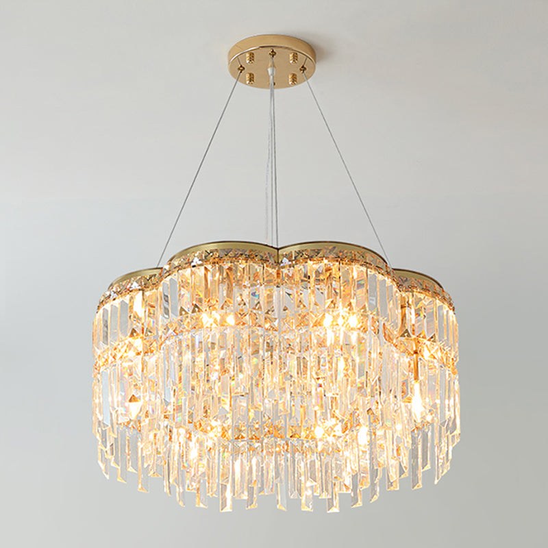 6-Light Floral Drum Chandelier Postmodern Gold Tri-Sided Crystal Rod Hanging Ceiling Light Clearhalo 'Ceiling Lights' 'Chandeliers' 'Modern Chandeliers' 'Modern' Lighting' 1193185