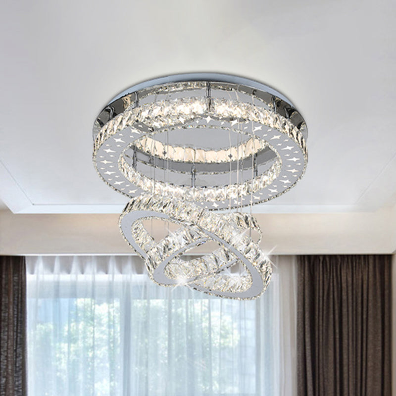 Stainless Steel 3-Ring Ceiling Lighting Modern Crystal Bedroom LED Semi Flush Mount Light Clearhalo 'Ceiling Lights' 'Close To Ceiling Lights' 'Close to ceiling' 'Semi-flushmount' Lighting' 1194169
