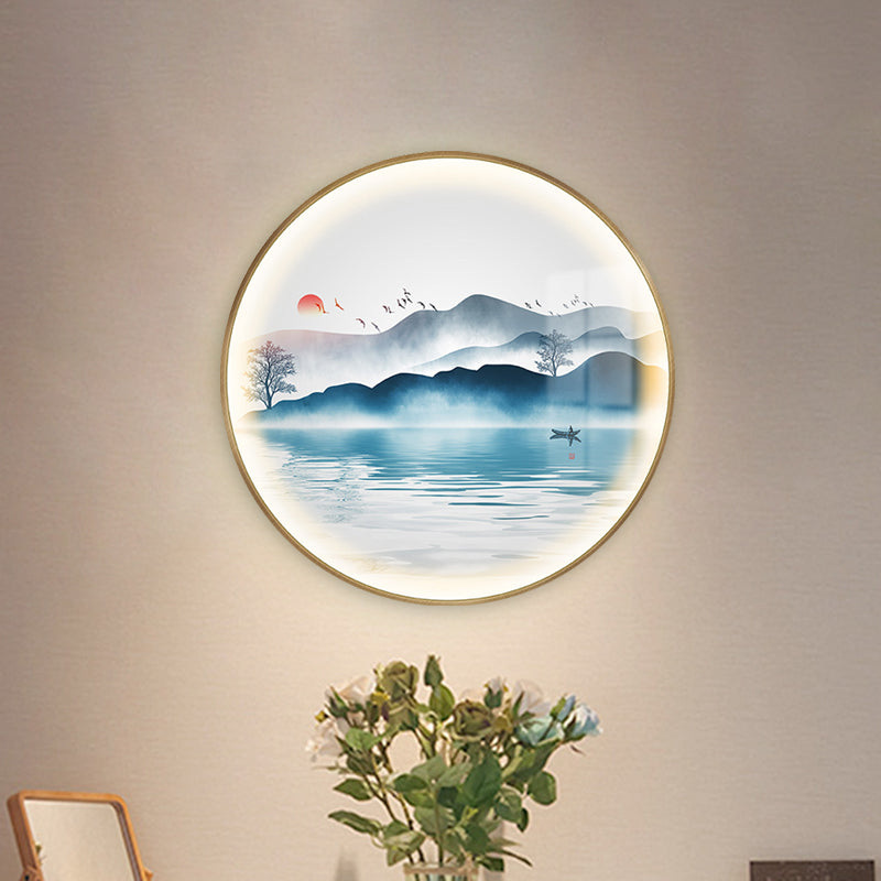 Gold Circular Mountain and Lake Mural Light Chinese LED Metallic Wall Lighting Idea Gold A Clearhalo 'Wall Lamps & Sconces' 'Wall Lights' Lighting' 1195061