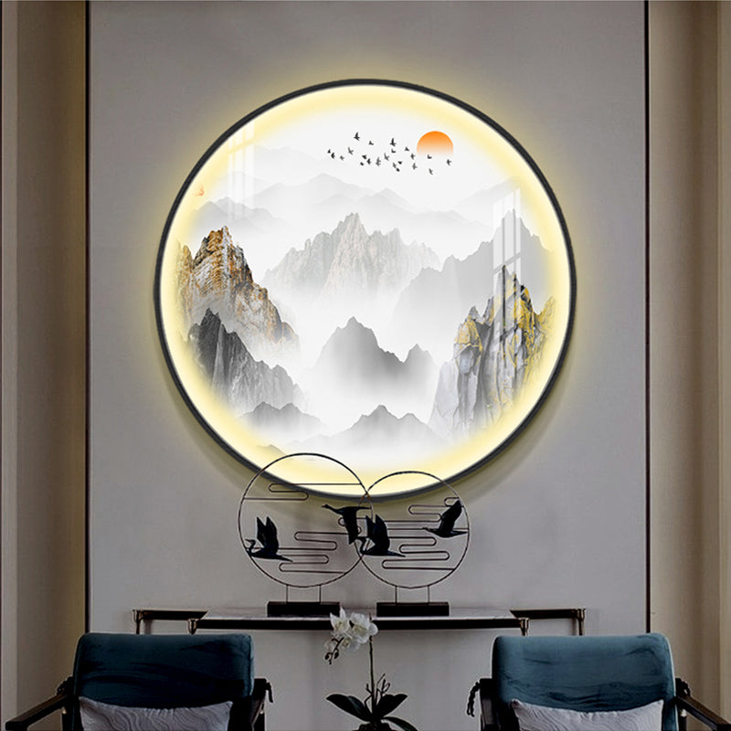 Chinese Rounded Metal Mural Light LED Wall Mounted Lighting in Gold with Mountain and Sun Pattern Gold B Clearhalo 'Wall Lamps & Sconces' 'Wall Lights' Lighting' 1197868