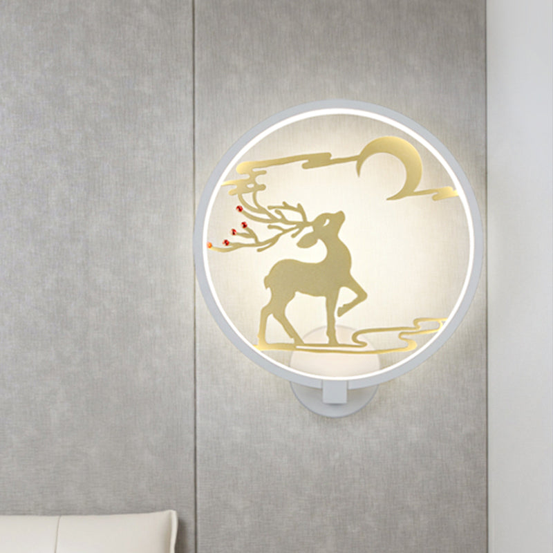 Modernism Style Round Metal Wall Lighting LED Wall Mural Light in Black/White with Elk Deer Pattern, Warm/White Light White Clearhalo 'Wall Lamps & Sconces' 'Wall Lights' Lighting' 1198029