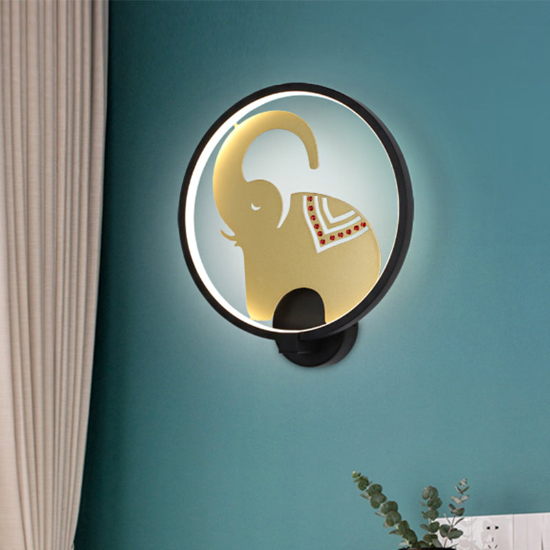 Postmodern Style Circular Metallic Mural Lamp LED Elephant Wall Lighting Fixture in White-Red/Black-Red/White-Gold for Bedroom, Warm/White Light Black-Gold Clearhalo 'Wall Lamps & Sconces' 'Wall Lights' Lighting' 1198037