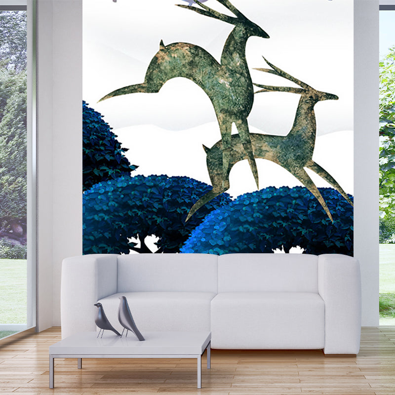 Scandinavian Deers Mural Wallpaper for Bedroom Customized Wall Covering in Blue-Green Blue-Green A Clearhalo 'Wall Decor' 'Wall Mural' 1202414