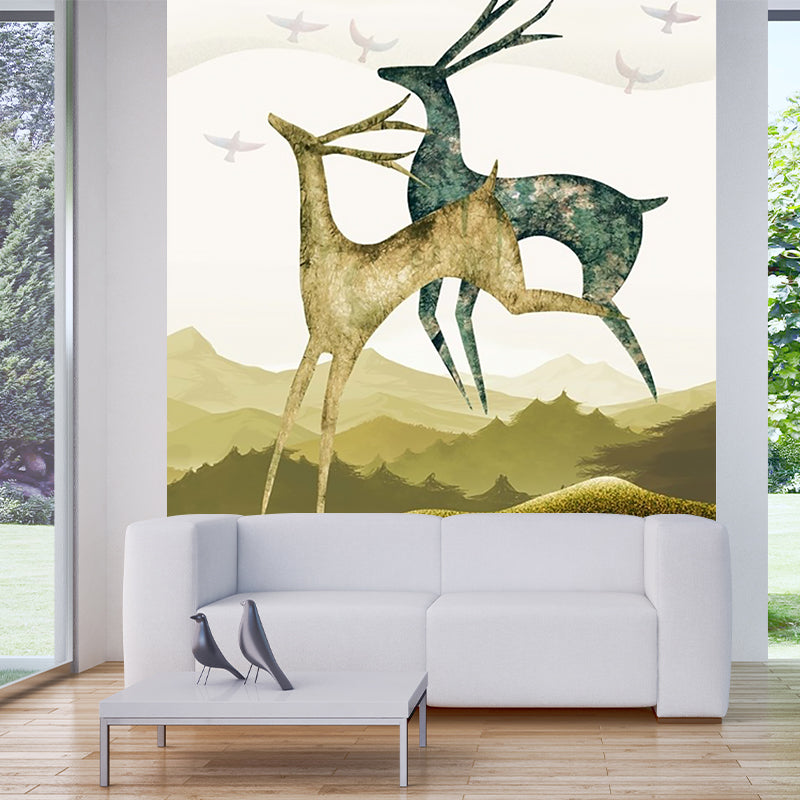 Blue-Brown Deer Mural Decal Animal Nordic Style Stain Resistant Wall Art for Bedroom Blue-Brown B Clearhalo 'Wall Decor' 'Wall Mural' 1203268