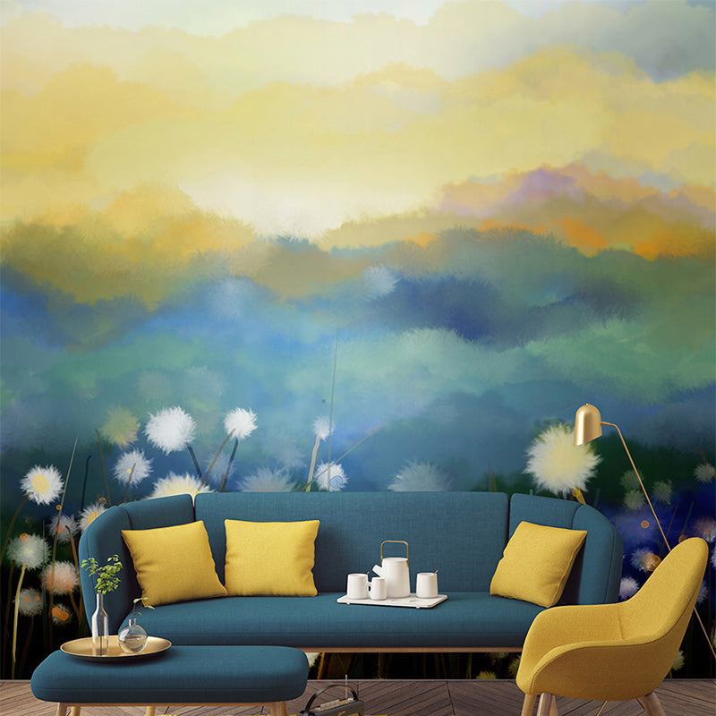 Field of Dandelion Mural Decal Contemporary Waterproof Living Room Wall Art, Customized Size Yellow-Green Clearhalo 'Wall Decor' 'Wall Mural' 1209258