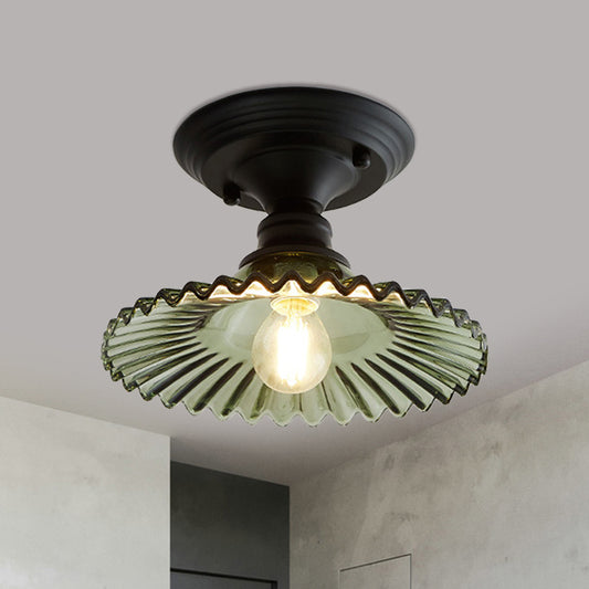 One Light Scalloped Semi Flush Light Industrial Clear/Green Ribbed Glass Lighting Fixture for Indoor Green Clearhalo 'Ceiling Lights' 'Close To Ceiling Lights' 'Close to ceiling' 'Glass shade' 'Glass' 'Semi-flushmount' Lighting' 1212440