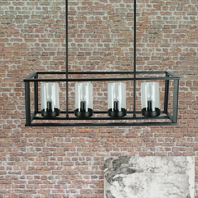 Rectangle Cage Clear Glass Hanging Pendant Retro Industrial 4/5-Light Kitchen Island Light Fixture Clearhalo 'Ceiling Lights' 'Chandeliers' 'Glass shade' 'Glass' 'Island Lights' Lighting' 1212467