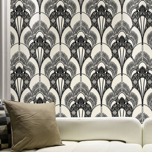 Moisture-Resistant Wallpaper Vintage 3D Embossed Cloth Wall Art with Peacock Feather Pattern Black-White Clearhalo 'Vintage wall decor' 'Vintage' 'Wallpaper' Wall Decor' 1212622
