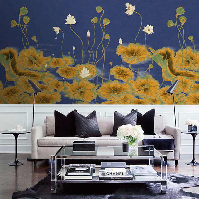 Lotus Pond Painting Wall Mural Dark Color Chinoiserie Wall Covering for Study Room Blue Clearhalo 'Wall Decor' 'Wall Mural' 1212879