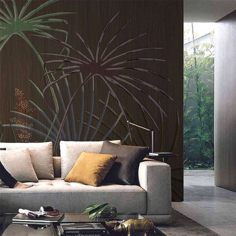 Illustration Palmetto Fan Leaf Mural Decal Full-Size Wall Covering for Living Room, Custom Print Dark Coffee Clearhalo 'Wall Decor' 'Wall Mural' 1212957