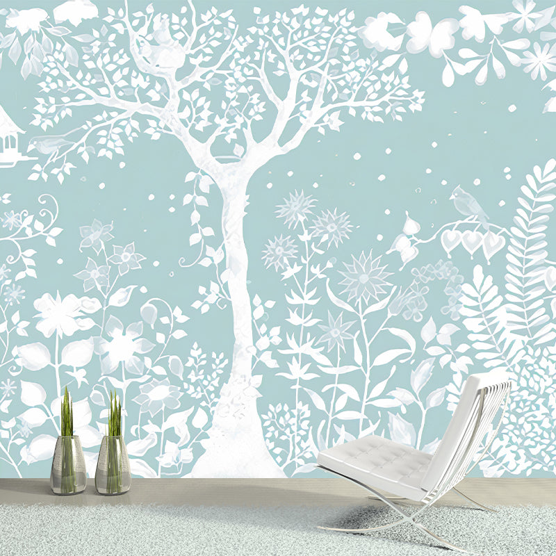 Moon Night Flower Bushes Mural Childrens Art Waterproof Kids Room Wall Covering, Custom-Printed Lake Green Clearhalo 'Wall Decor' 'Wall Mural' 1213048