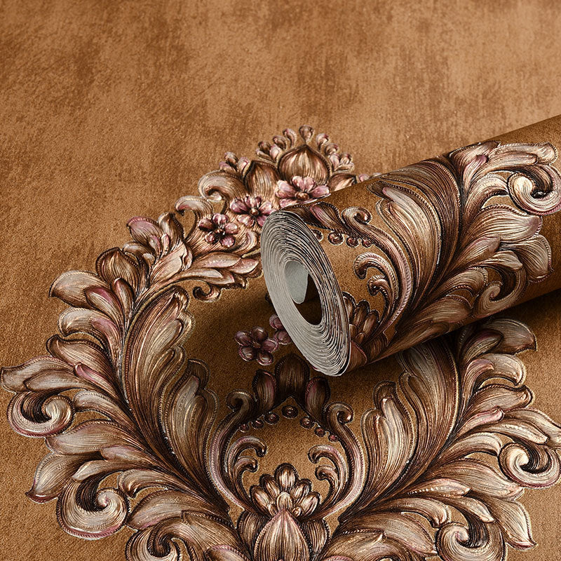 Elegant Jacquard Wallpaper Roll for Bedroom Floral Embroidered Wall Decor, 54.2-sq ft Gold-Brown Clearhalo 'Wall Decor' 'Wallpaper' 1218945
