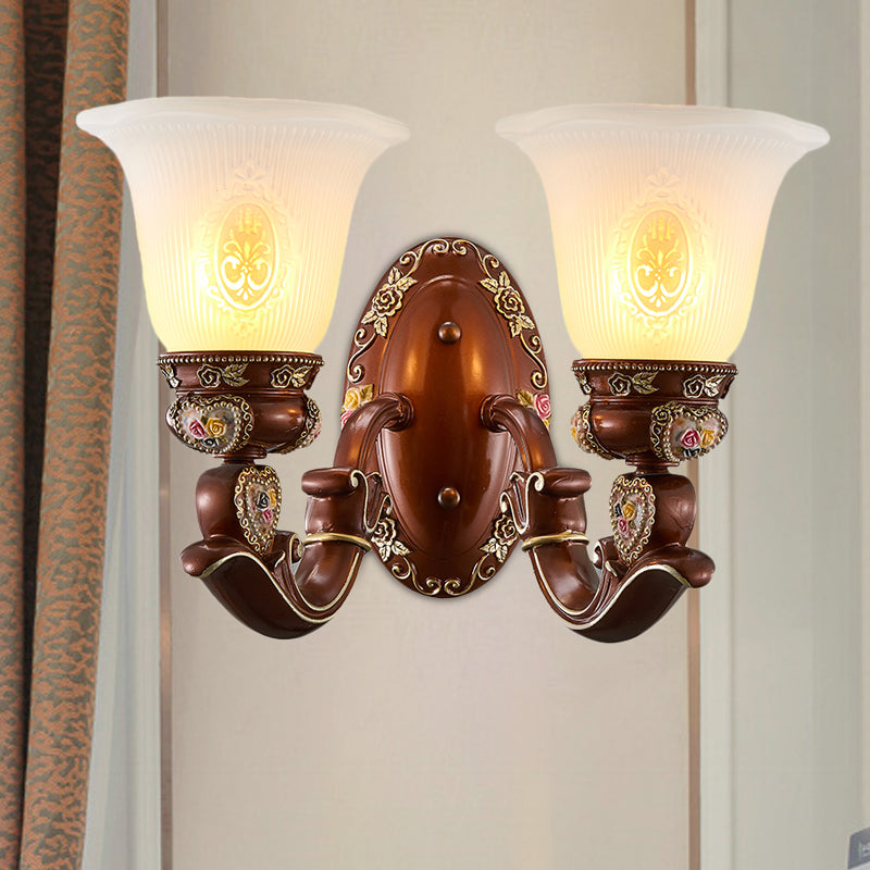 Brown Bell Shade Sconce Light Fixture Antique Style Milky Glass 1/2-Head Bedside Wall Mount Light 2.0 Brown Clearhalo 'Wall Lamps & Sconces' 'Wall Lights' Lighting' 1220697