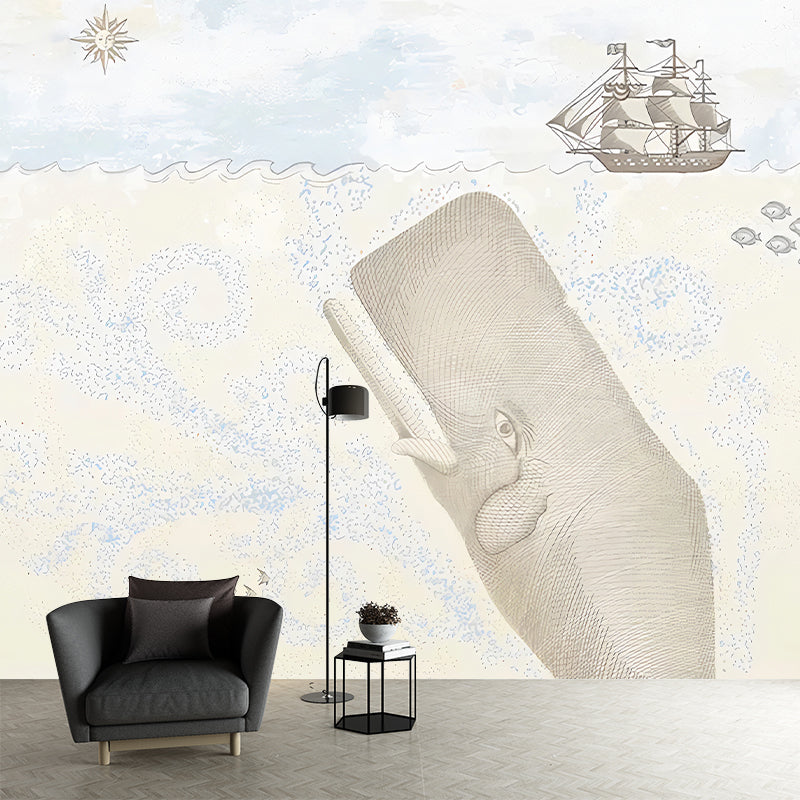 Full Size Childrens Art Mural Pastel Color Underwater Whale and Sailboat Wall Decor, Personalized Size Beige Clearhalo 'Wall Decor' 'Wall Mural' 1224630