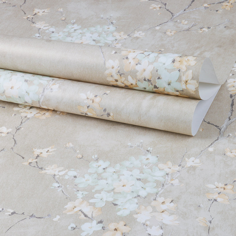 Plum Flowers Wallpaper Roll Rustic Glitter Wall Decoration in Light Color, Non-Woven Clearhalo 'Country wall decor' 'Rustic' 'Wallpaper' Wall Decor' 1224793