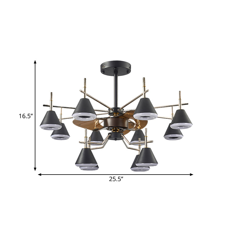25.5" Wide Cone Semi Flush Mount Light Modernist Metallic 12-Light Black 3-Blade Pendant Fan Lamp Clearhalo 'Ceiling Fans with Lights' 'Ceiling Fans' 'Modern Ceiling Fans' 'Modern' Lighting' 1273126