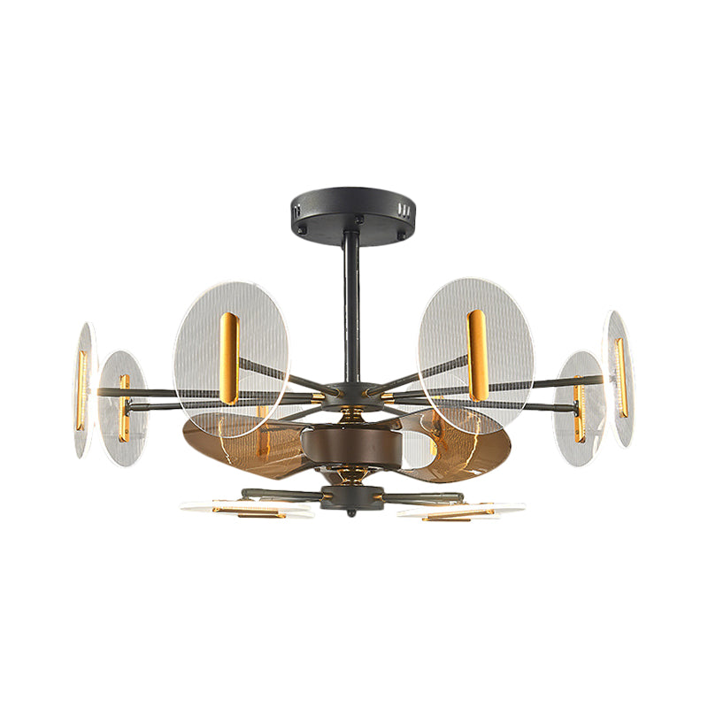 39" Wide Black Round Panel Semi Flush Minimalism 12 Heads Acrylic Pendant Fan Light with 3 Blades Clearhalo 'Ceiling Fans with Lights' 'Ceiling Fans' 'Modern Ceiling Fans' 'Modern' Lighting' 1273180