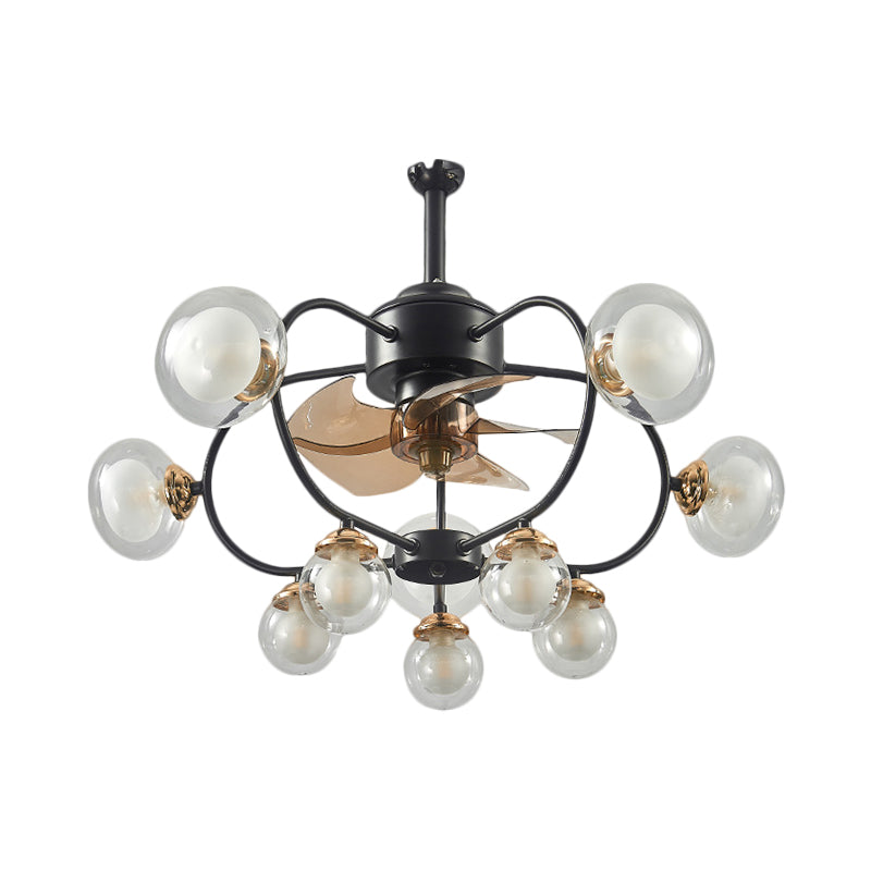 25.5" W Modernism Ball Semi Flush Clear Glass 10 Bulbs Parlour Frame Fan Light in Black, 4 Blades Clearhalo 'Ceiling Fans with Lights' 'Ceiling Fans' 'Modern Ceiling Fans' 'Modern' Lighting' 1273190