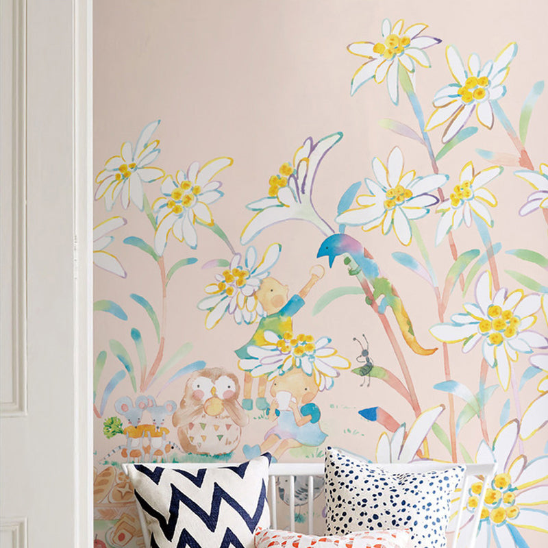 Full-Size Childrens Art Murals Soft Color Picnic Bear in Flower Land Pattern Wall Decor, Custom Made Pink Clearhalo 'Wall Decor' 'Wall Mural' 1274405